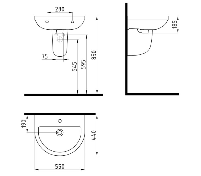 Wall Mounted Washbasin 55 cm Single Hole White - With Leg Options