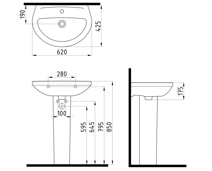 Wall Mounted Washbasin 55 cm Single Hole White - With Leg Options
